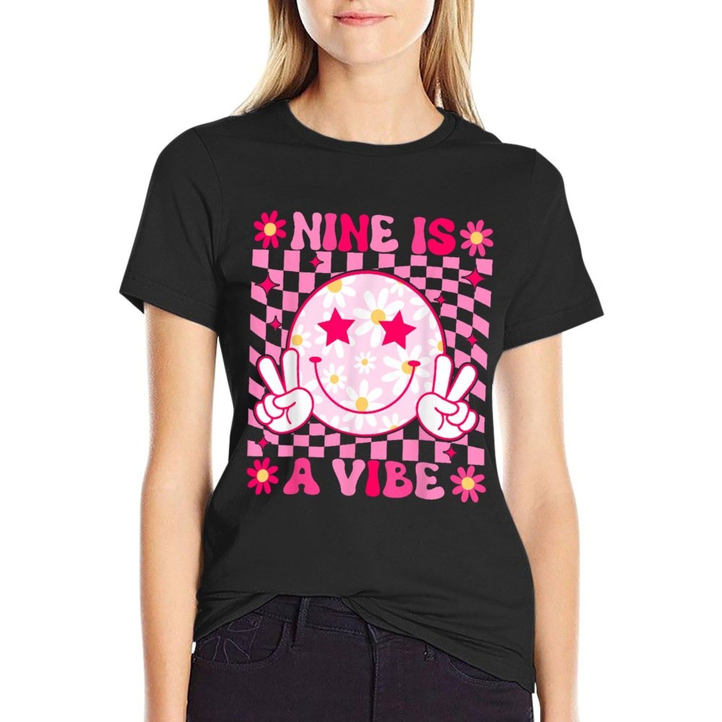 Nine Is A Vibe Birthday Groovy 9 Year Old Girls 9th Birthday Quick-drying T-Shirt
