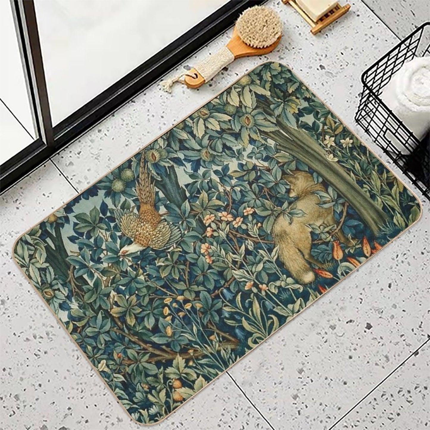GREENERY, FOREST ANIMALS Pheasant And Fox Blue Green Floral Tapestry Dirt-Trapping Bath Mat