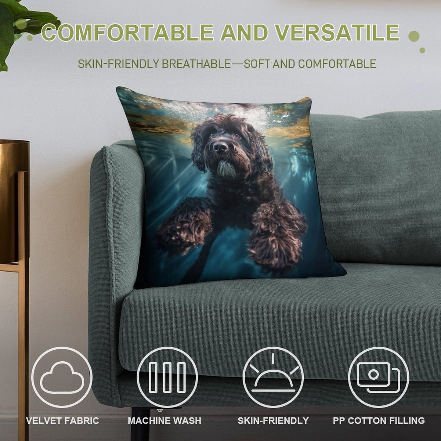 Portuguese Water Dog Swimming Under Water Soft Ultra-Soft Texture Throw Pillow