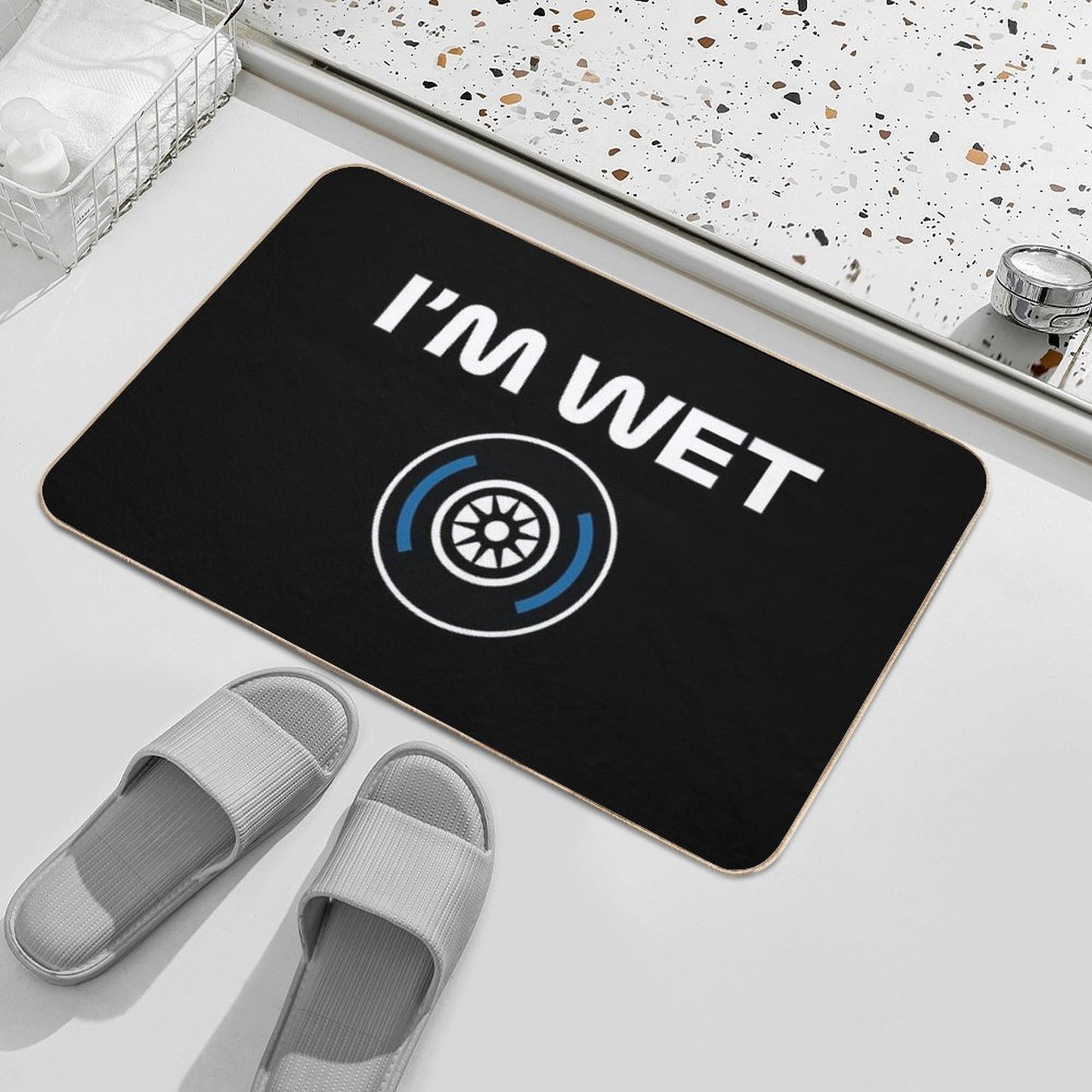 Funny Design I'm Wet (Wet Tyre Design - WhiteBlack BG) Repositionable Bath Mat
