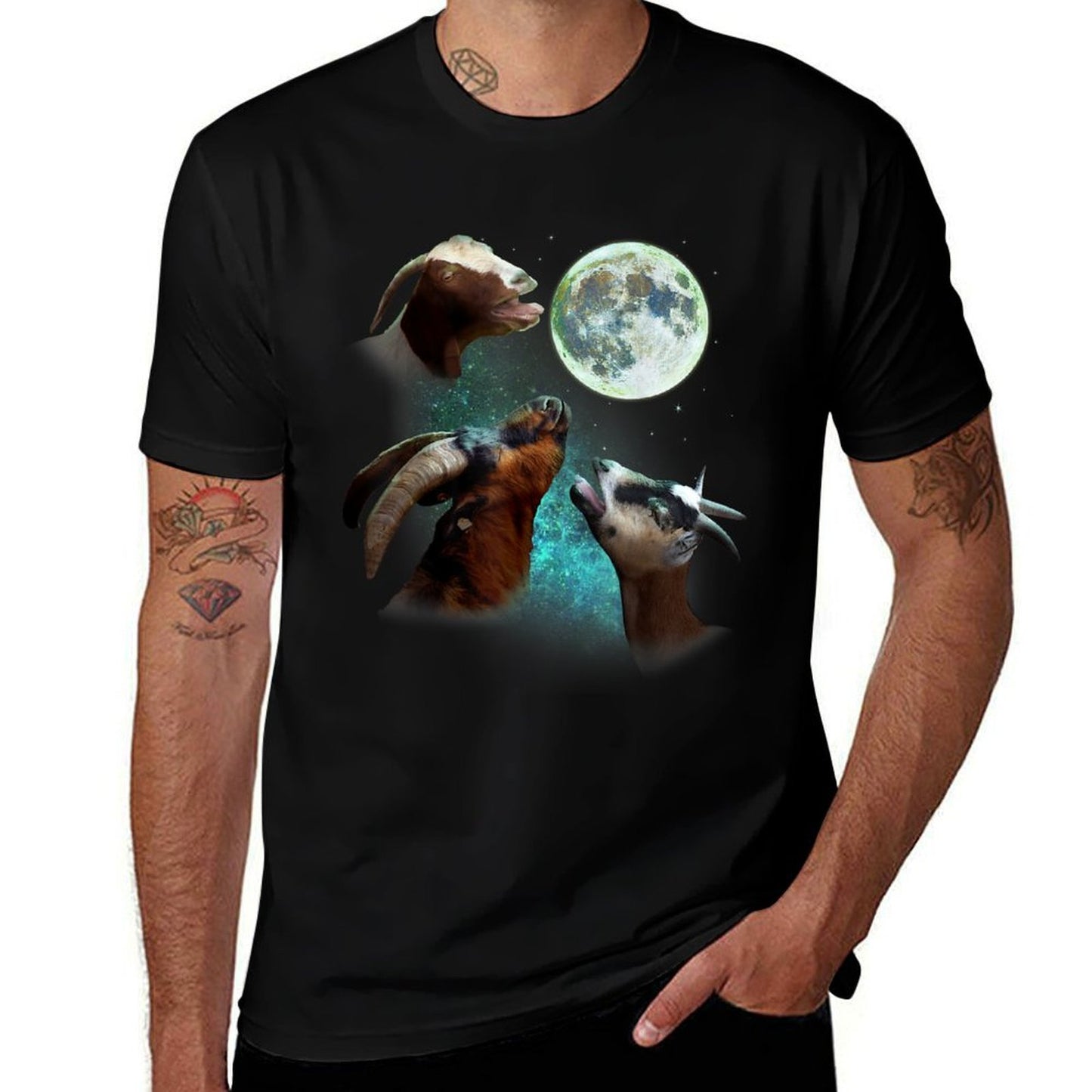 Three Goats Howl At Moon 3 Wolfs Wolves Funny Parody Tagless Design T-Shirt