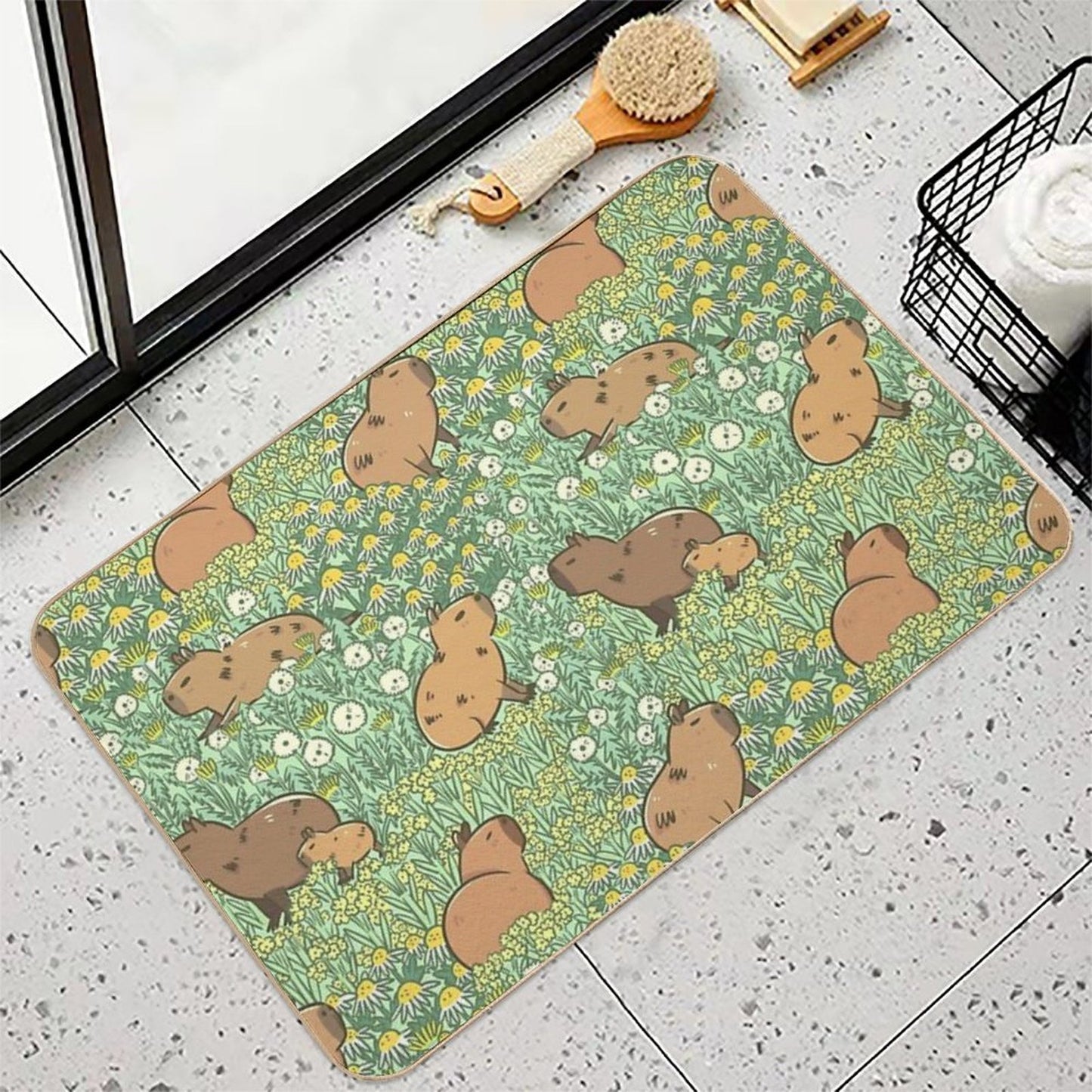 Capybaras Meadow in Green And Yellow Non-Slip Bath Mat