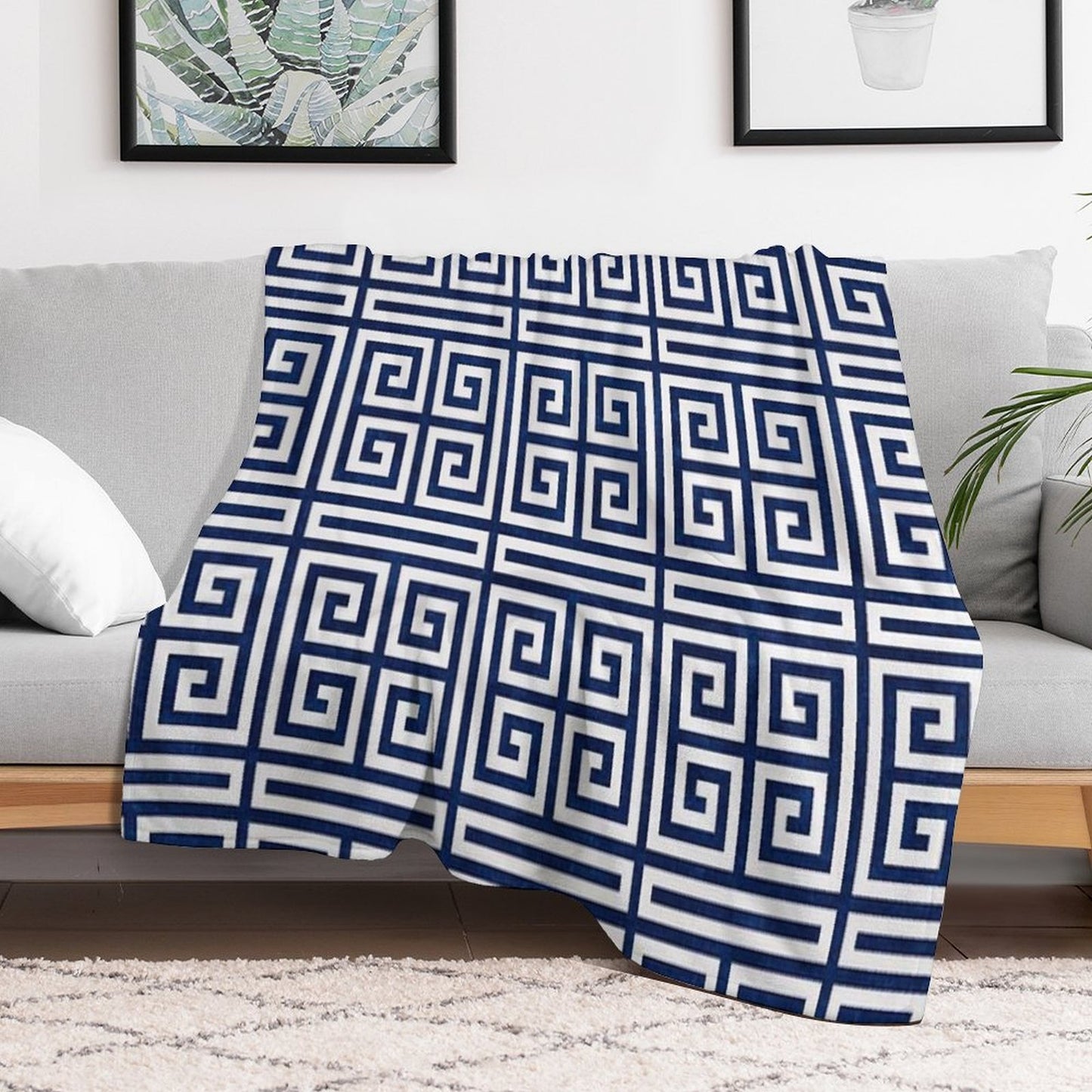 Greek Key - Blue And White Anti-pilling Throw Blanket