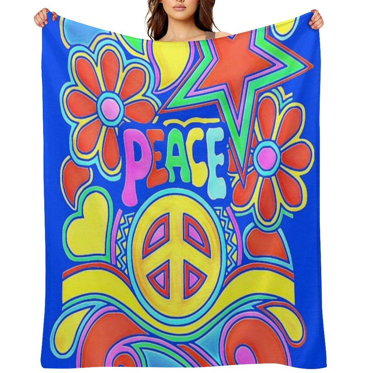 Peace And Love Flower Power Hippy Design Premium Throw Blanket