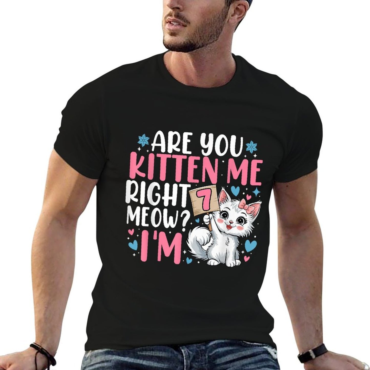7th Birthday Girl 7yr Seven 7 Year Old Kitten Cat Bday Trendy Pattern T-Shirt