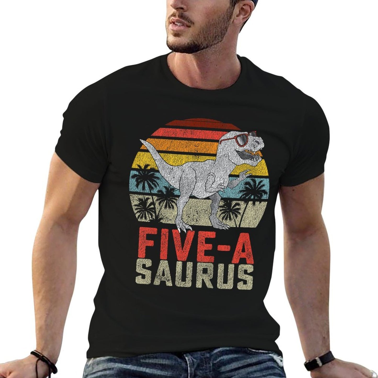5 Year Old Dinosaur Birthday 5th T Rex Dino Five Saurus Oversized Silhouette T-Shirt