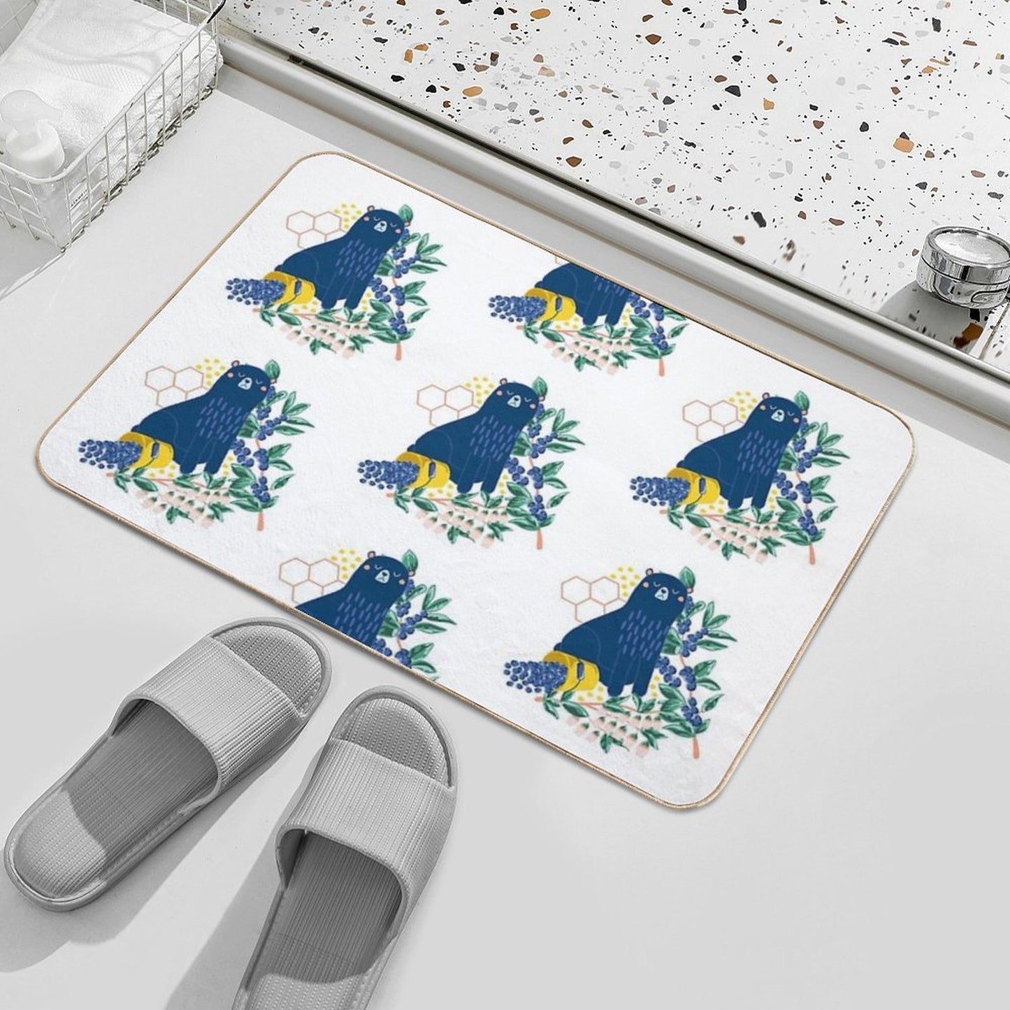 A Naughty Bear Eats Blueberries Repositionable Bath Mat
