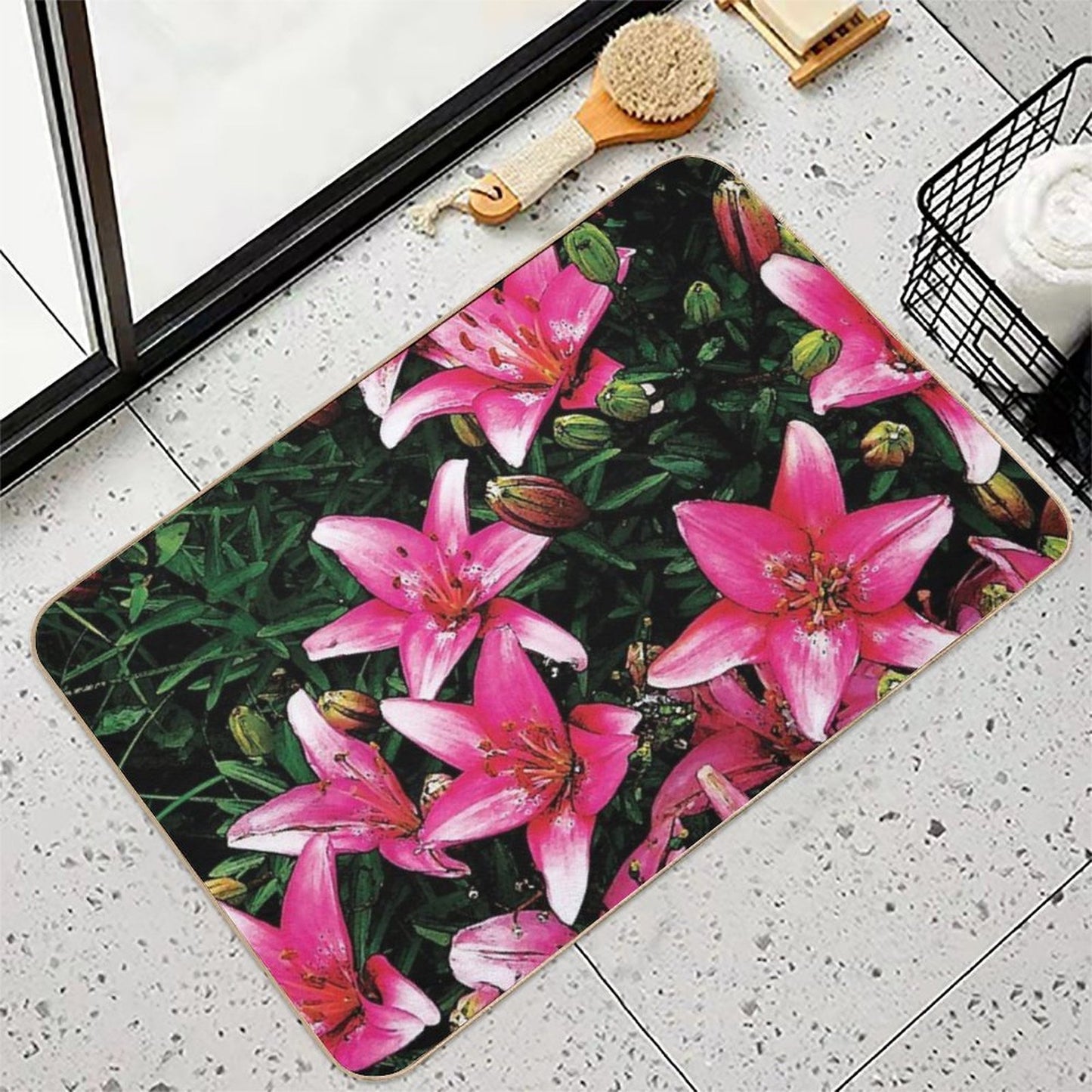 Lovely Pink Lilies in Full Bloom Water Color Long-Lasting Bath Mat