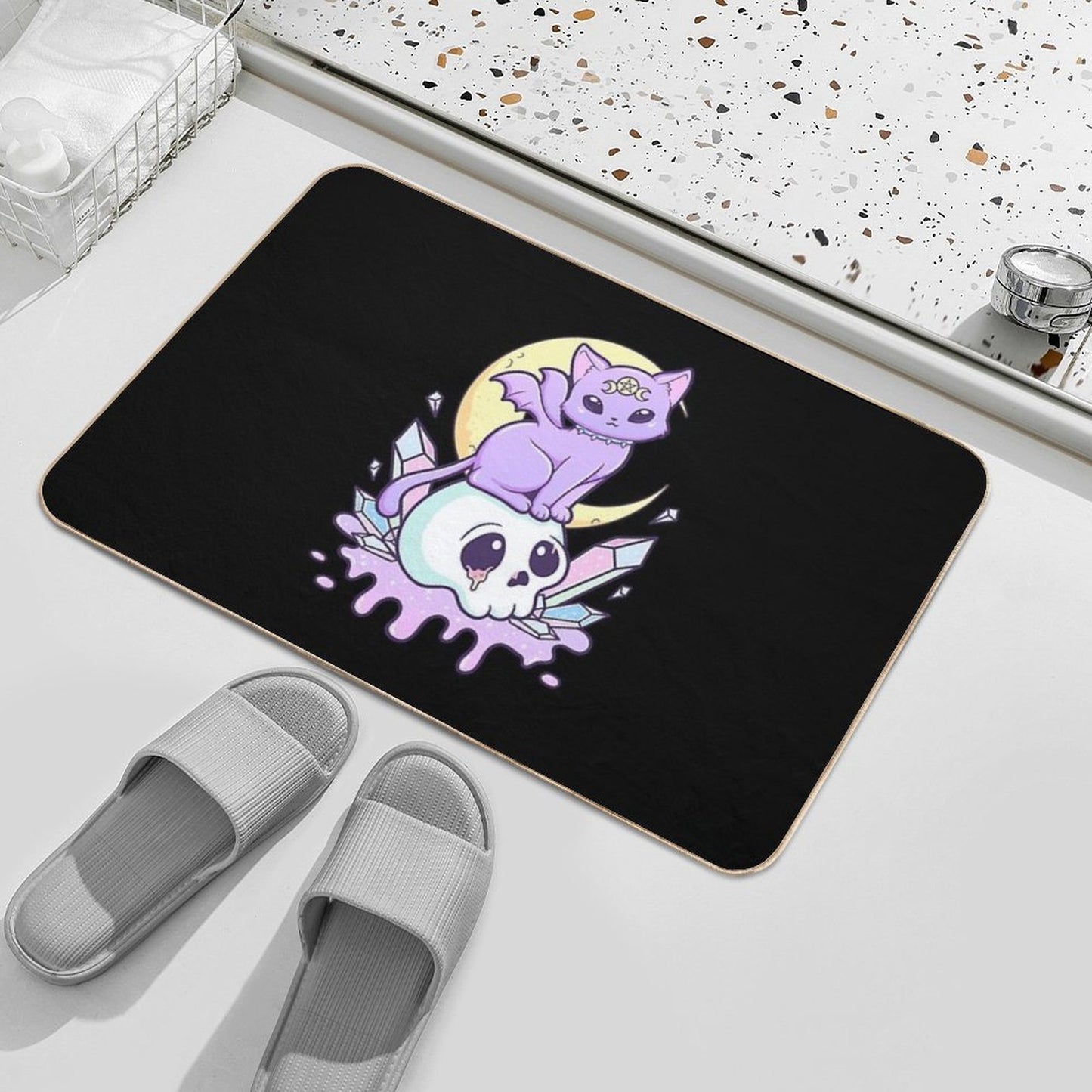 Kawaii Pastel Goth Cute Creepy Occult Cat And Skull Stain-Proof Bath Mat