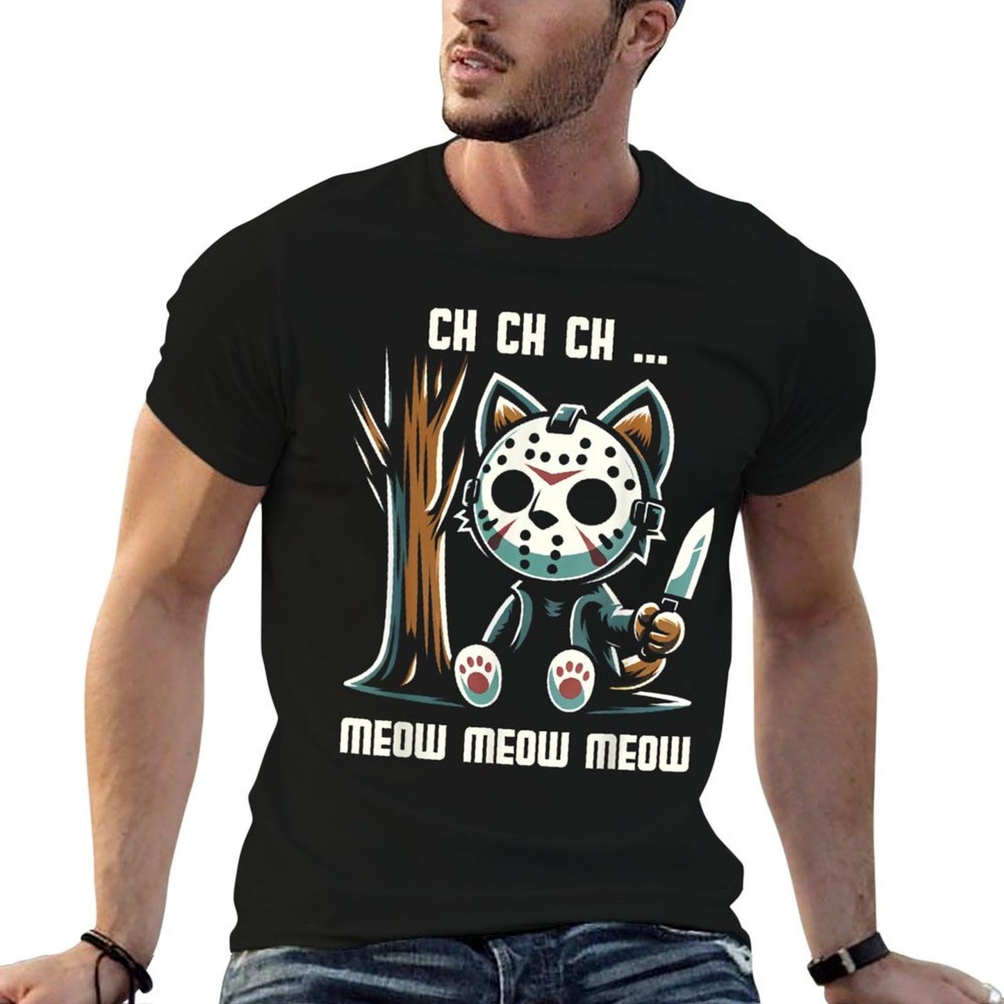 Vintage Cat Movie Horror Lovely Animal Classic Meow Kitten Men Women Girls Kids Ribbed Collar T-Shirt