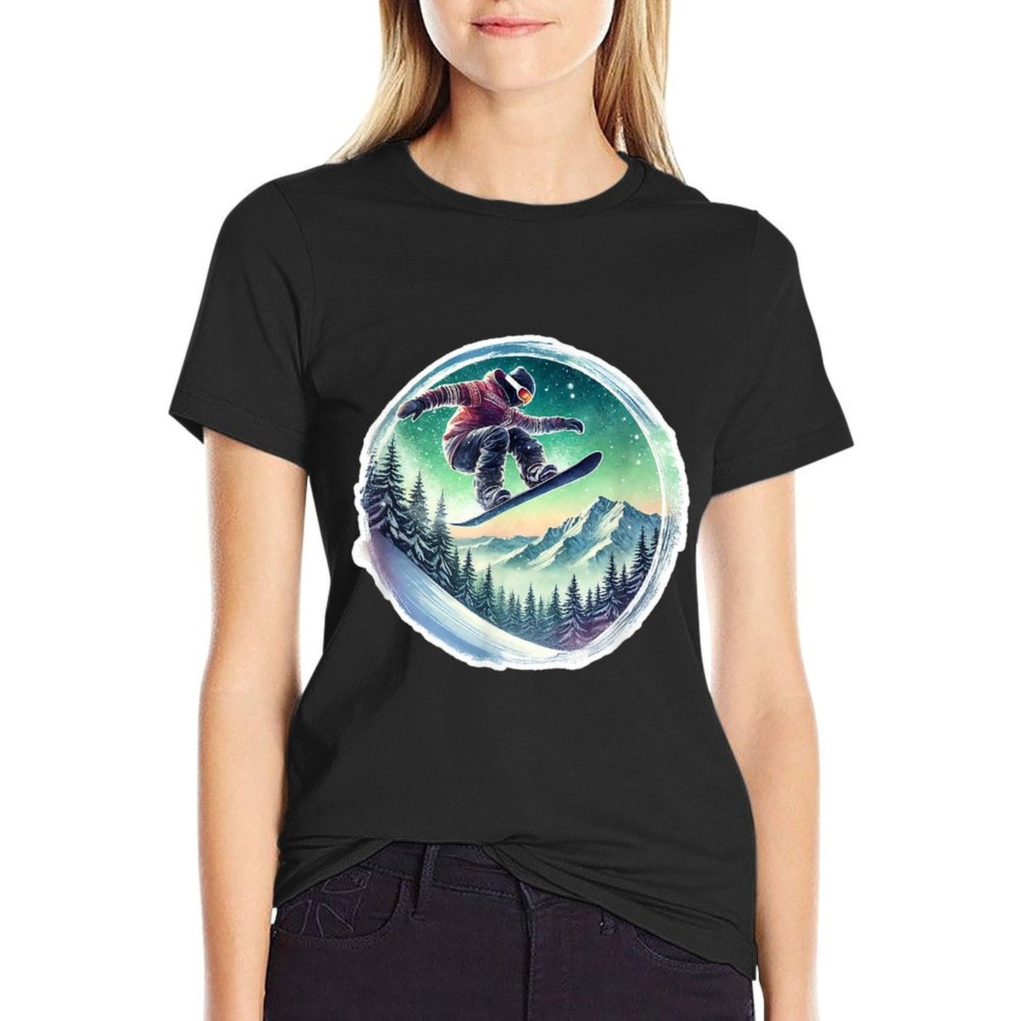 Snowboarder's Twilight Ride Ribbed Collar T-Shirt