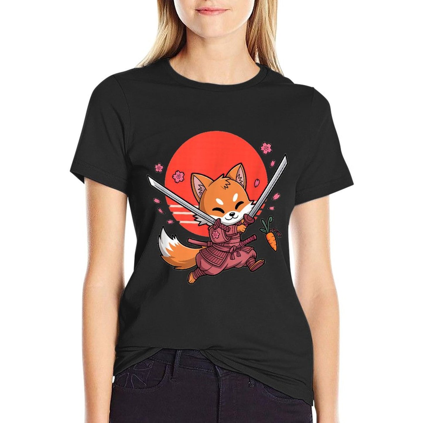 Kawaii Samurai Fox with Swords And Sakura Blossoms High-quality Stitching T-Shirt