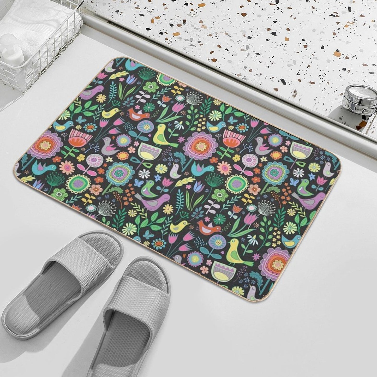Birds And Blooms - Pastels on Black - Pretty Floral Bird Pattern by Cecca Designs Slip-Resistant Bath Mat