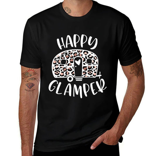 Womens Happy Glamper Trendy Leopard Camping Adventure  Durable T-Shirt