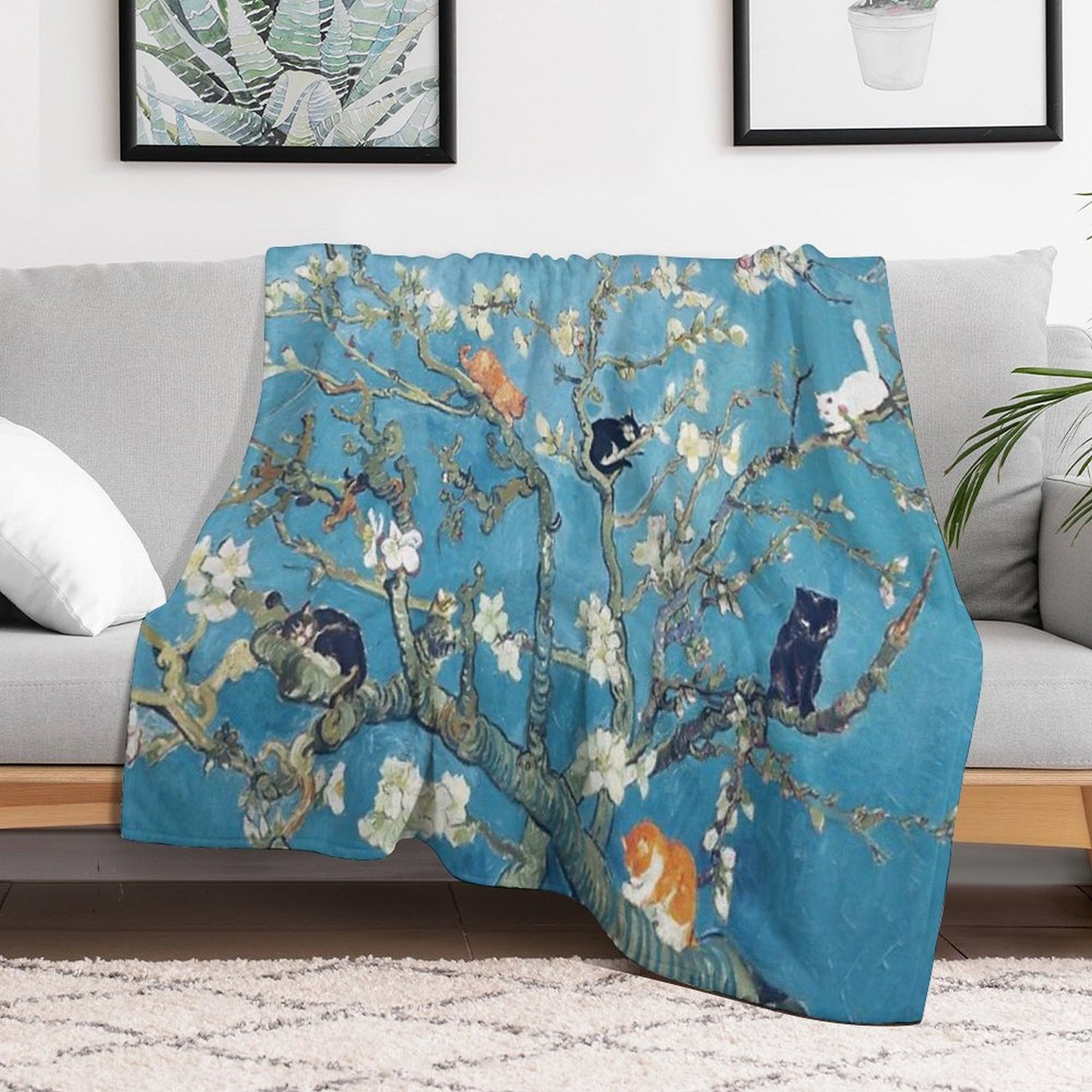 Funny Cat in Almond Blossom by Van Gogh Velvety-soft Throw Blanket