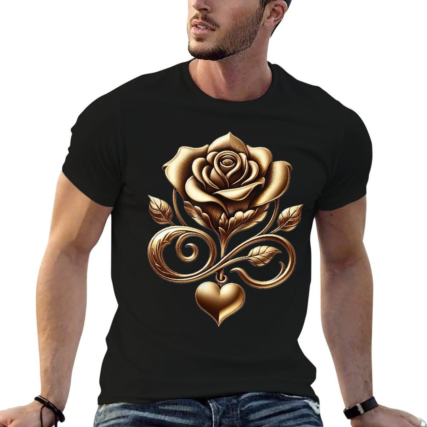 Very Cute Gold Rose Flower With A Golden Heart High-quality Stitching T-Shirt