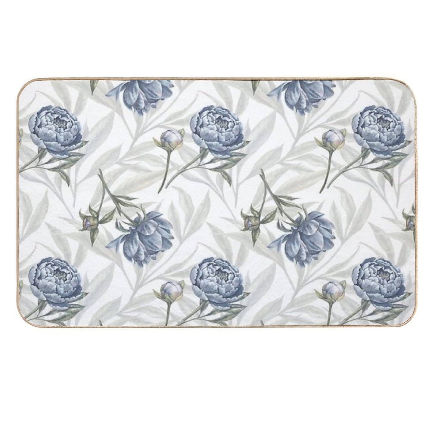 Watercolor Indigo Blue Peonies And Translucent Leaves Pattern with White Background. Rapid-Drying Bath Mat