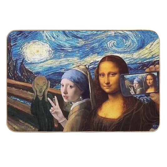 Scream And Selfie of Four Classical Paintings Mash Up - Mona Lisa, Girl with A Pearl Earring, The Scream, The Starry Night  Dirt-Trapping Bath Mat