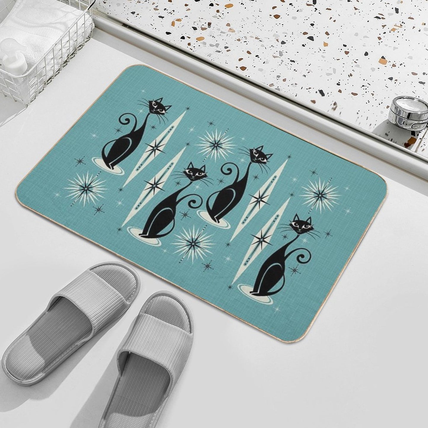 Mid Century Meow on Blue Slip-Resistant Bath Mat