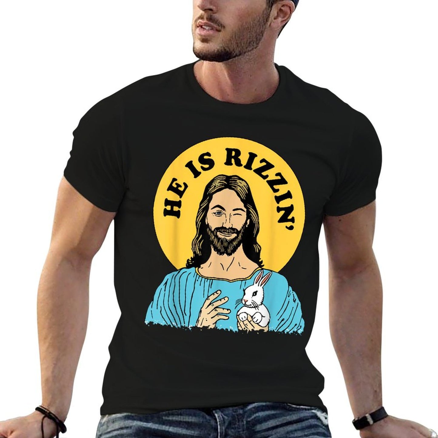 He Is Rizzin Funny Jesus Christian Happy Easter Day Rolled Sleeves T-Shirt