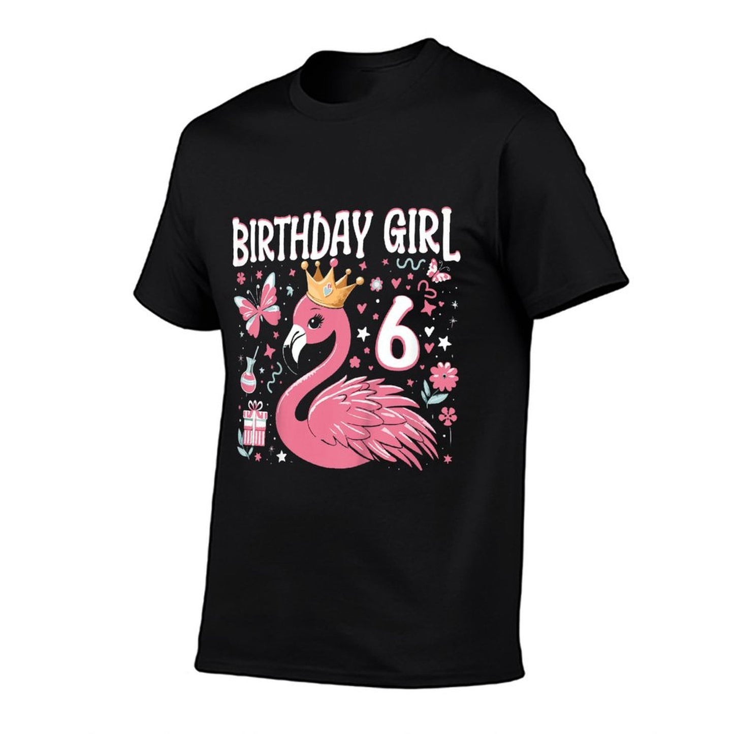 Kids 6th Birthday Gift Flamingo Fan 6 Year Old Girls 6th Bday  Cotton T-Shirt