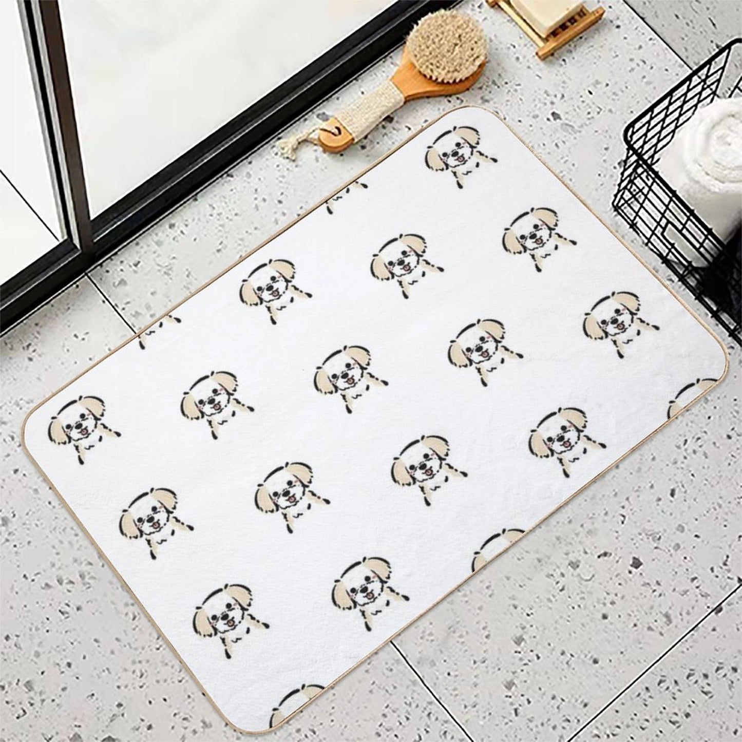 Cute Fluffy Dog Hand-Drawn Kawaii Dog Illustration in Pastel Style Dirt-Trapping Bath Mat