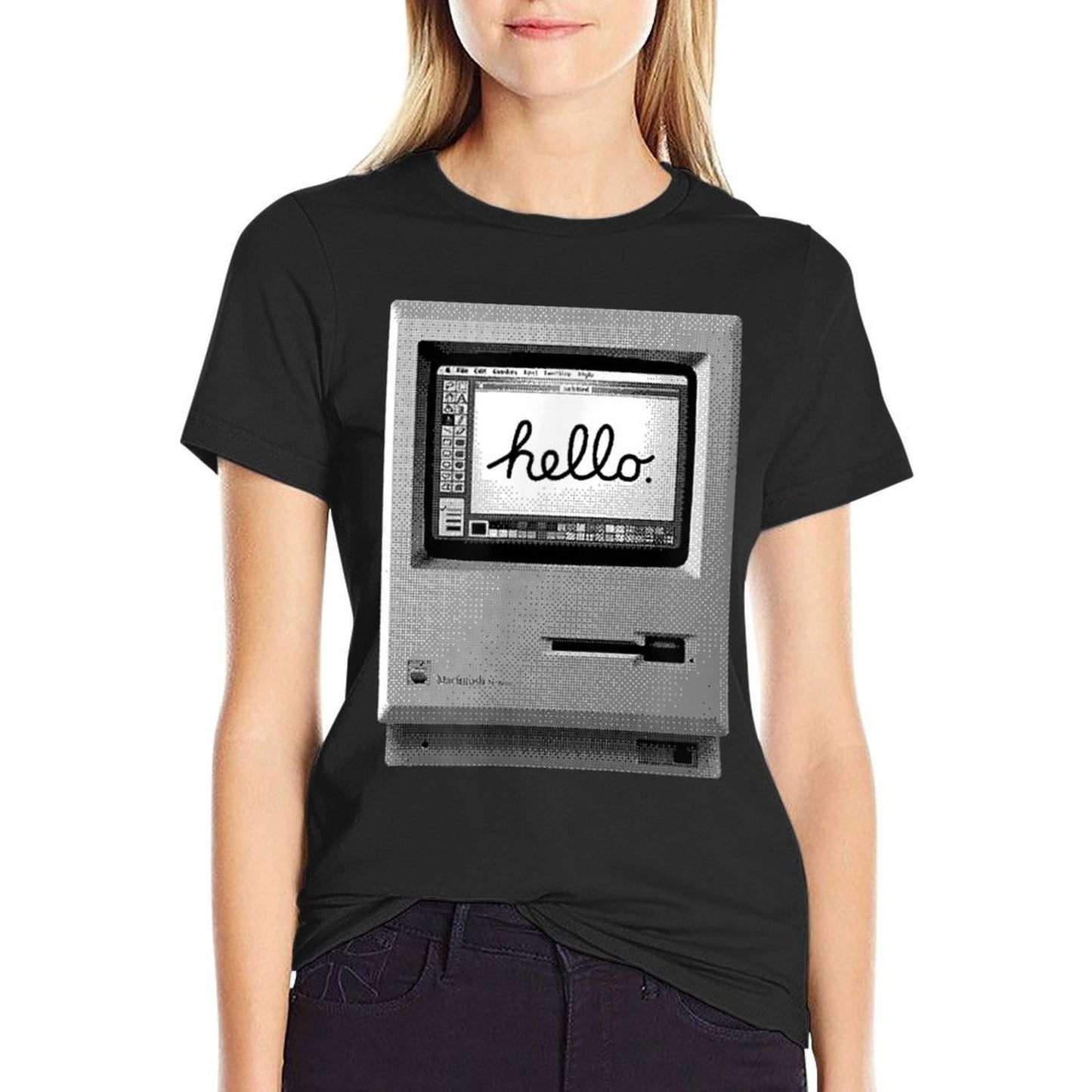 Retro Computer, Small, Black Summer-ready Fabric T-Shirt