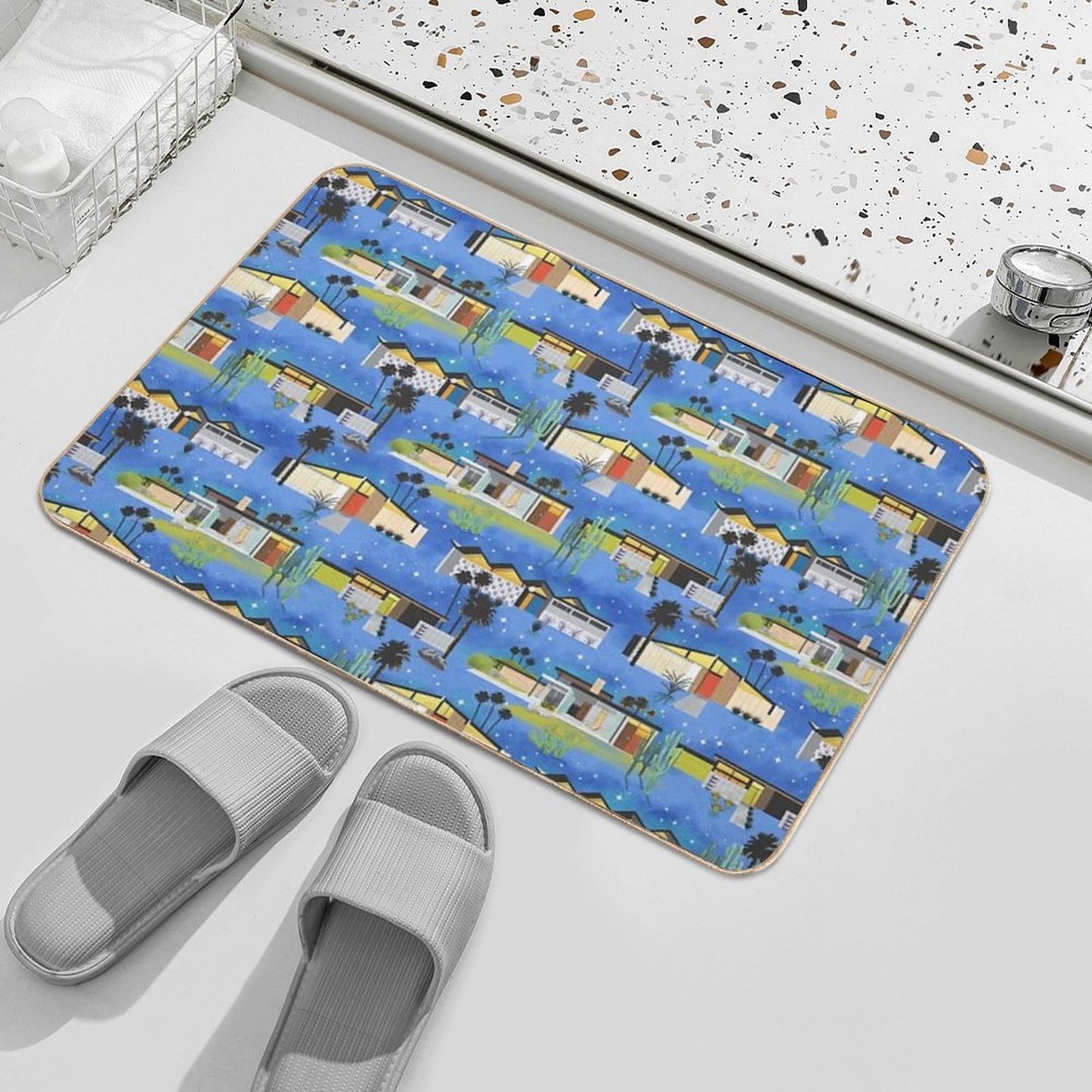 Mid Century Modern Homes of The Desert Under A Night Sky with Stars Rapid-Drying Bath Mat