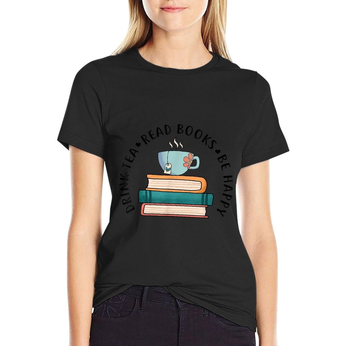 Drink Tea Read Books Be Happy Reading Book Worm Trendy Pattern T-Shirt