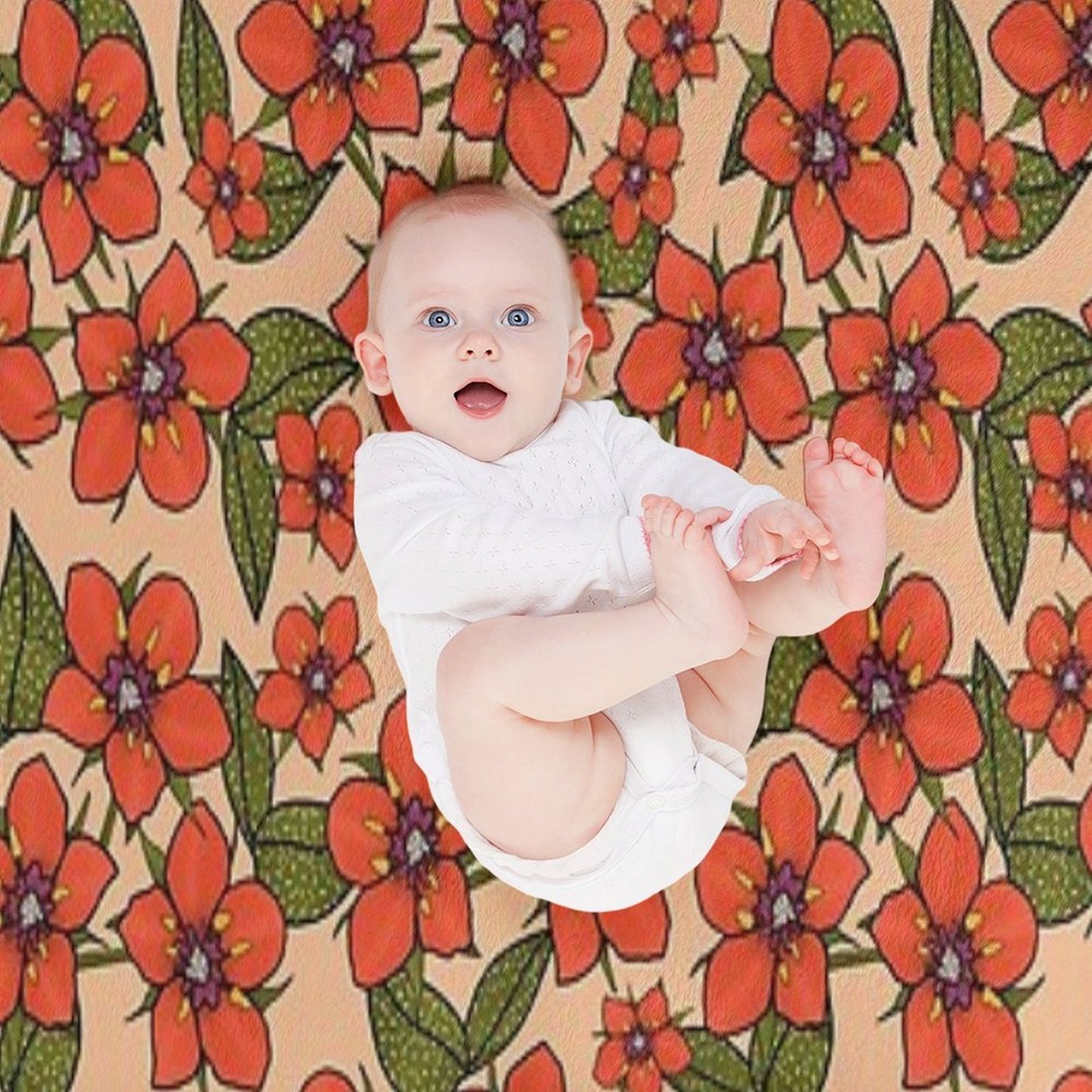 Scarlet Pimpernel Floral Design, Red And Purple Flowers with Green Leaves on A Peach Fuzz Background Easy Care Throw Blanket