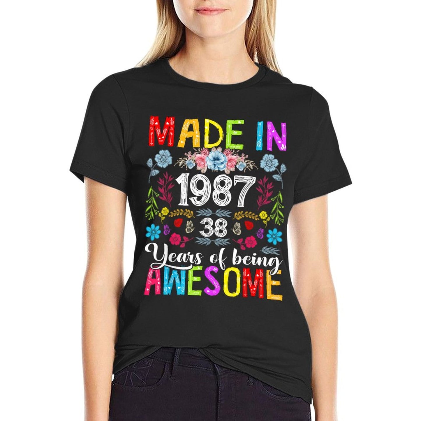 38 Years Old Made In 1987 Funny Floral 38th Birthday Women Wrinkle-resistant T-Shirt