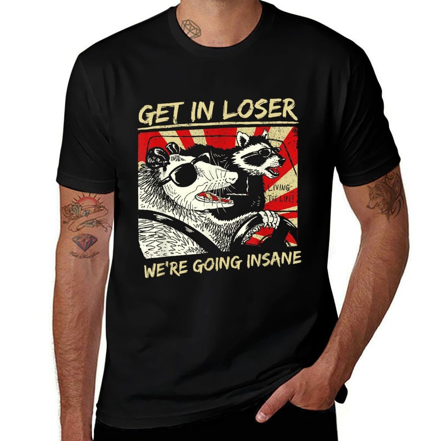 Get In Loser We’re Going Insane Funny Raccoon Opossum Meme Oversized Silhouette T-Shirt