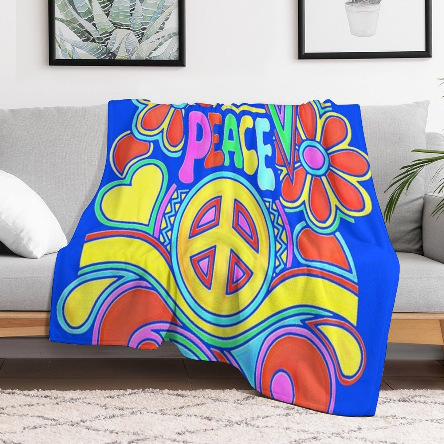 Peace And Love Flower Power Hippy Design Premium Throw Blanket