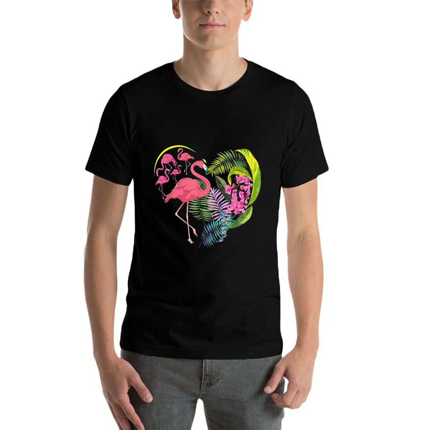 Flower Nature Hibiscus Monstera Leaves Heart Floral Flamingo Heathered Texture T-Shirt