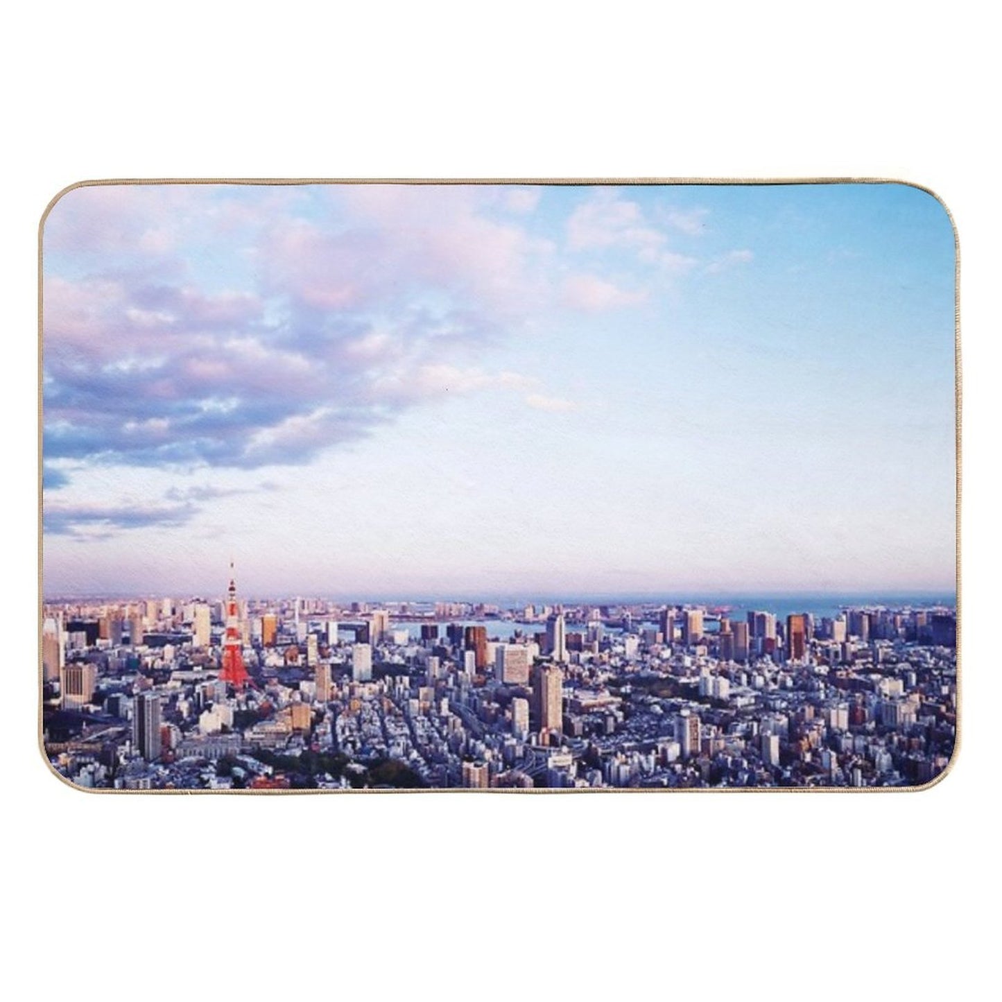Tokyo Tower in Beautiful Aerial Scenery Tokyo City Under Vast Blue Sky Art Photo Print Stain-Proof Bath Mat