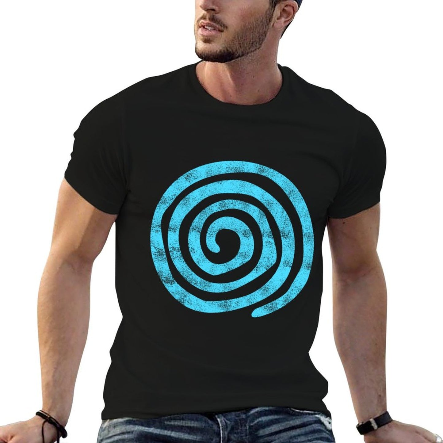 Distressed Abstract Blue Spiral Swirl Pattern Breathable T-Shirt