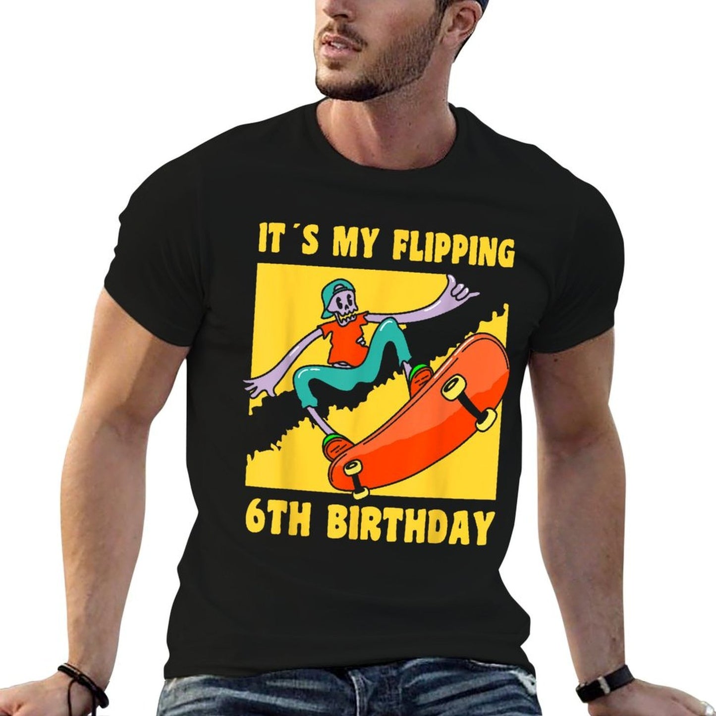 6 Year Old Happy 6th Birthday Skateboarding 6th Birthday Fade-proof Color T-Shirt