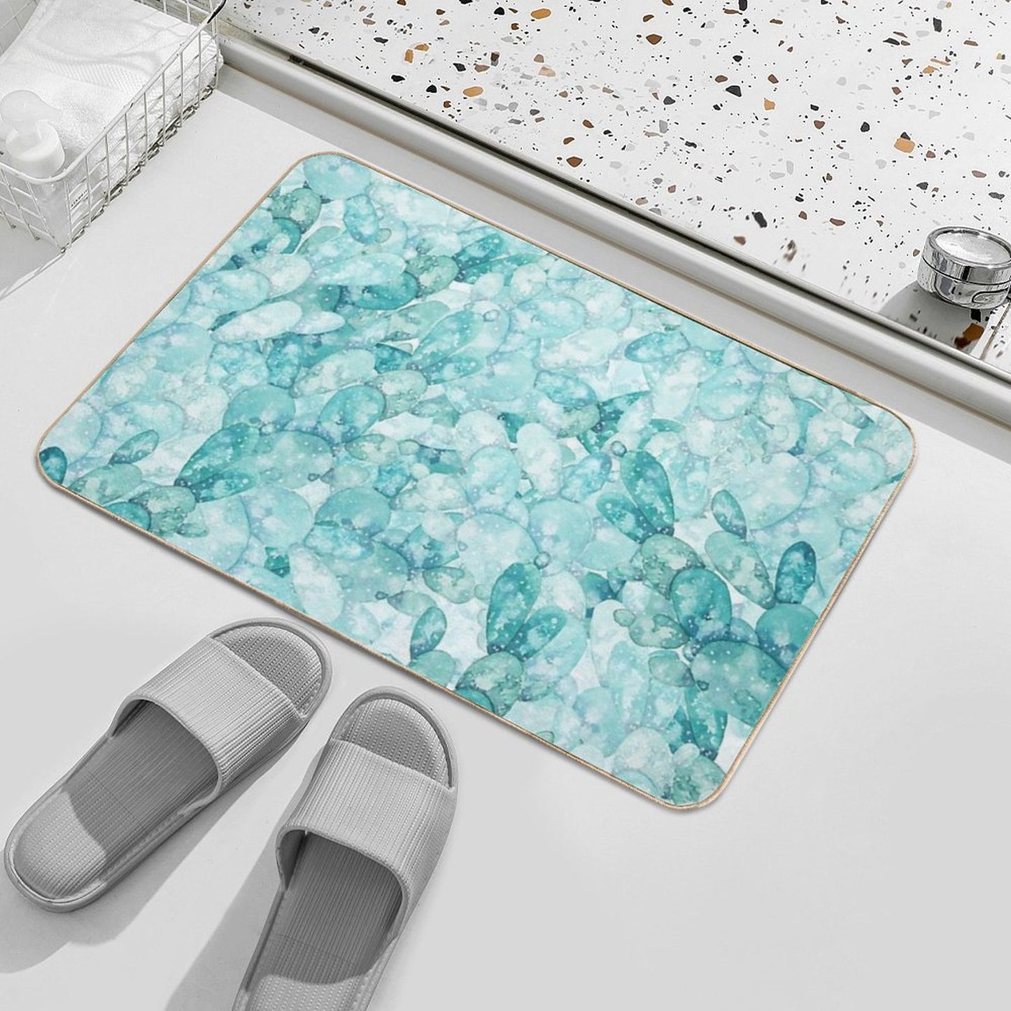 Green Cactus Pattern Watercolor Dirt-Trapping Bath Mat