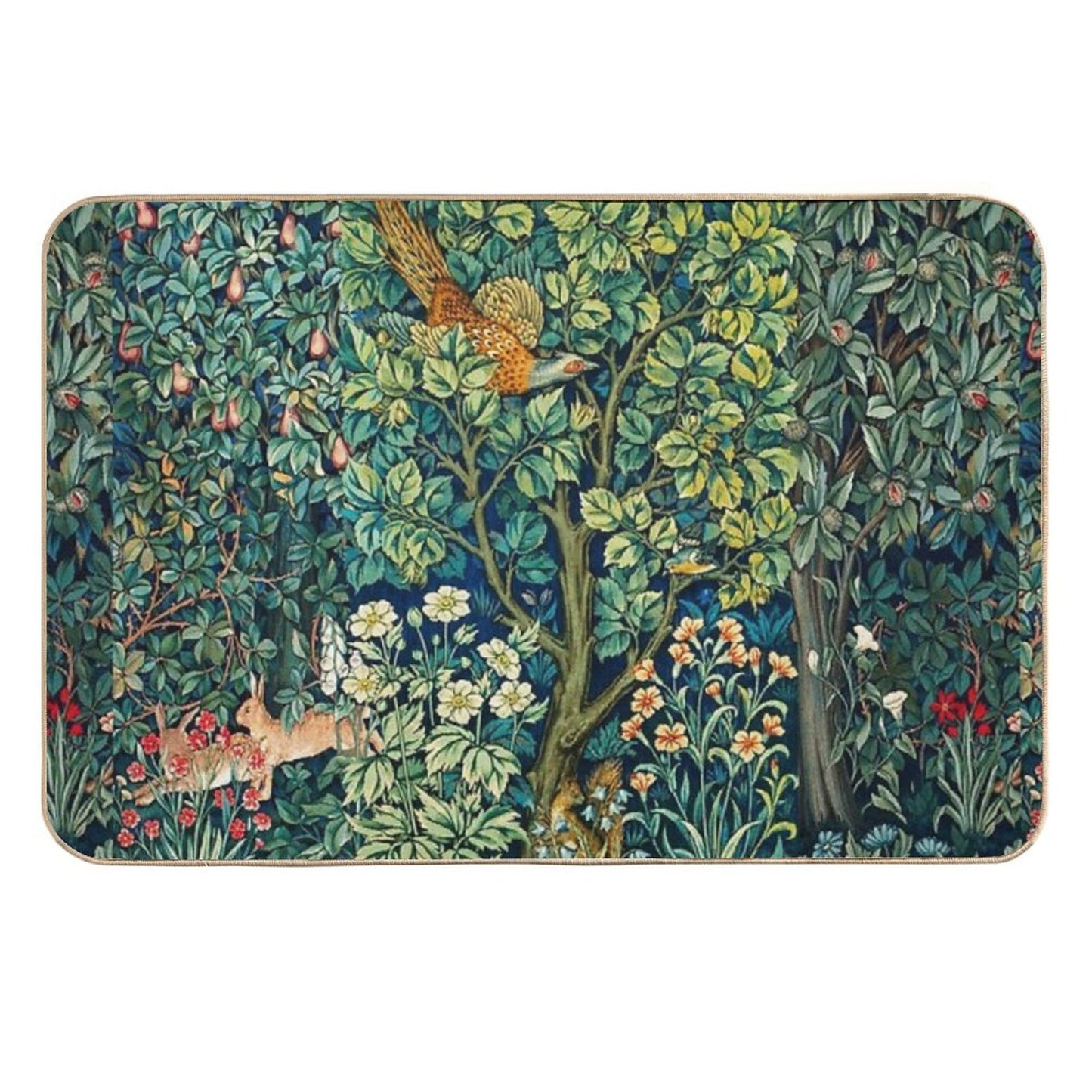 GREENERY,FOREST ANIMALS Pheasant on Tree,Squirrel,Hares,Blue Green Floral Tapestry Easy To Clean Bath Mat