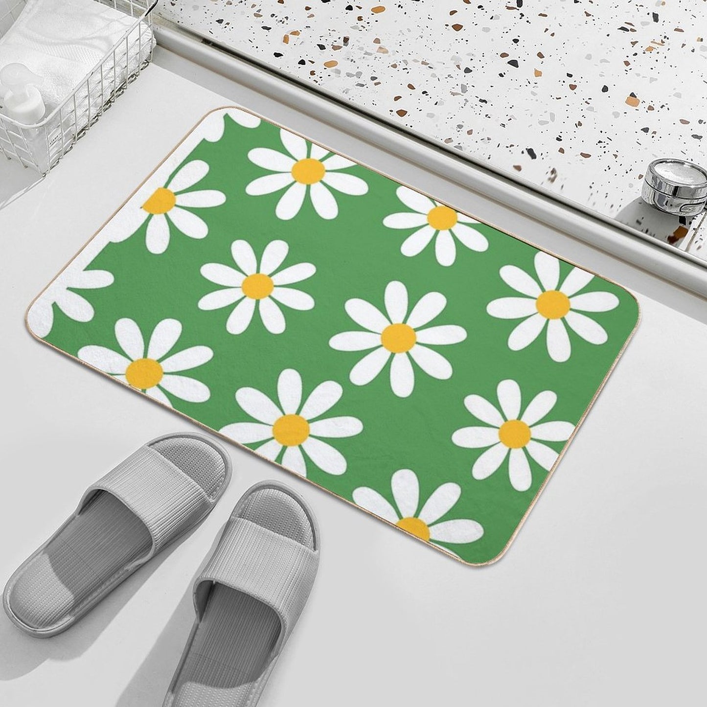 White Daisies on Vintage Green Seamless Pattern Print Pet-Safe Bath Mat