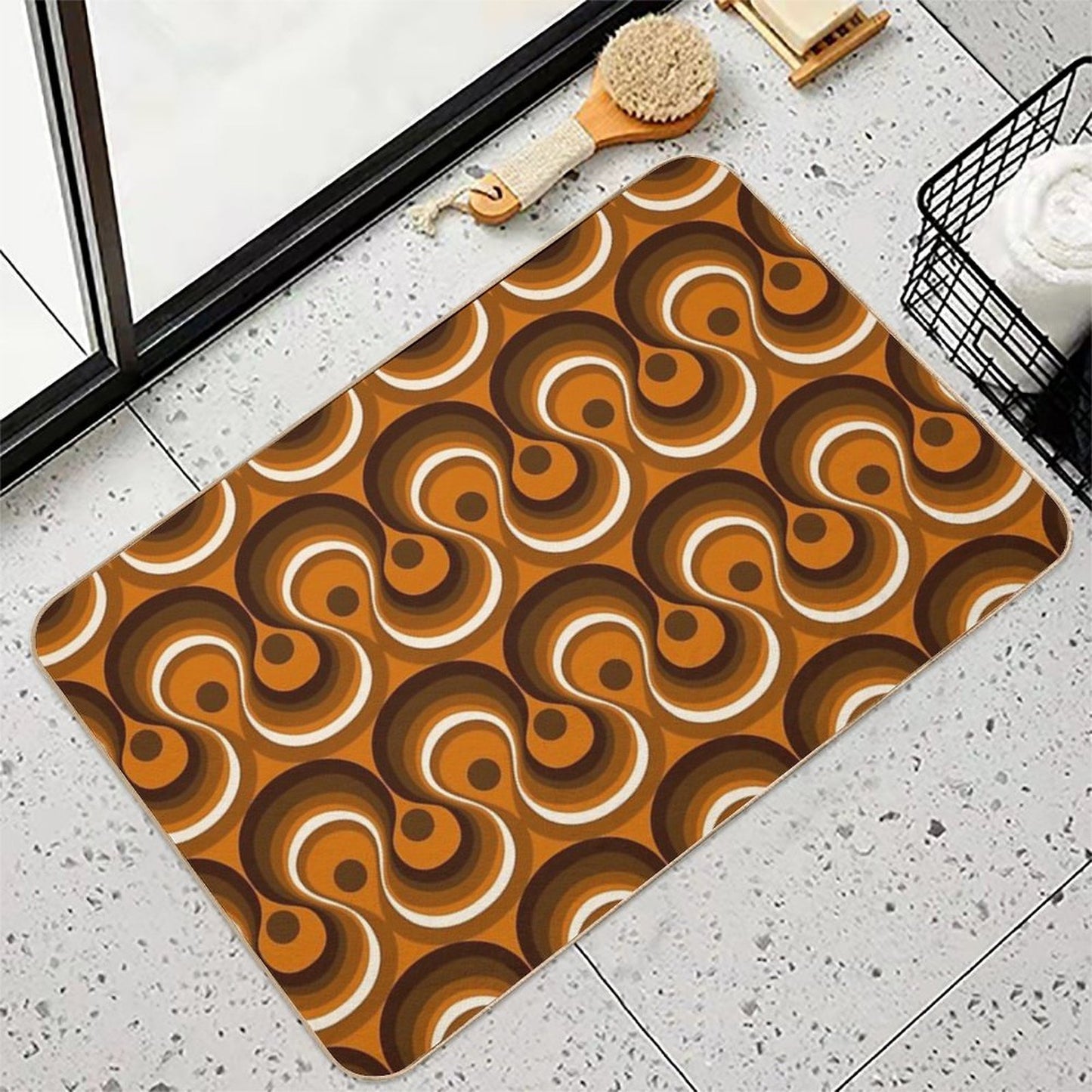 Brown, Orange & Ivory Wavy Lines Retro Pattern Rapid-Drying Bath Mat