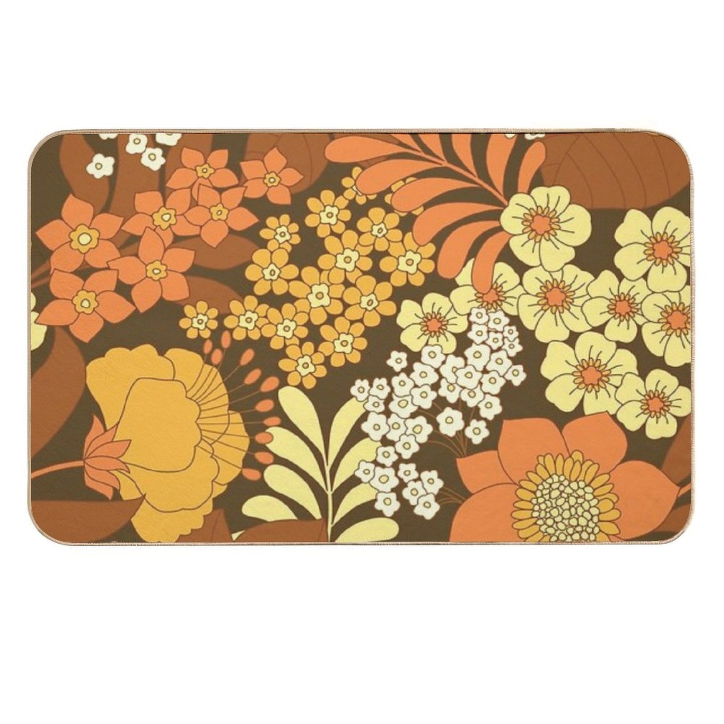 Brown, Yellow, Orange & Ivory Retro Flowers Durable Bath Mat