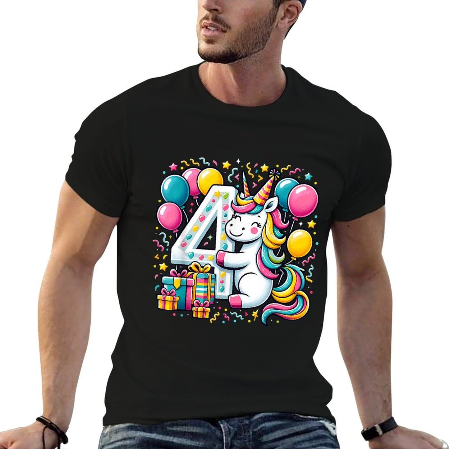 Unicorn 4th Birthday Boy Girl 4 Year Old Fourth Four Unicorn Summer-ready Fabric T-Shirt