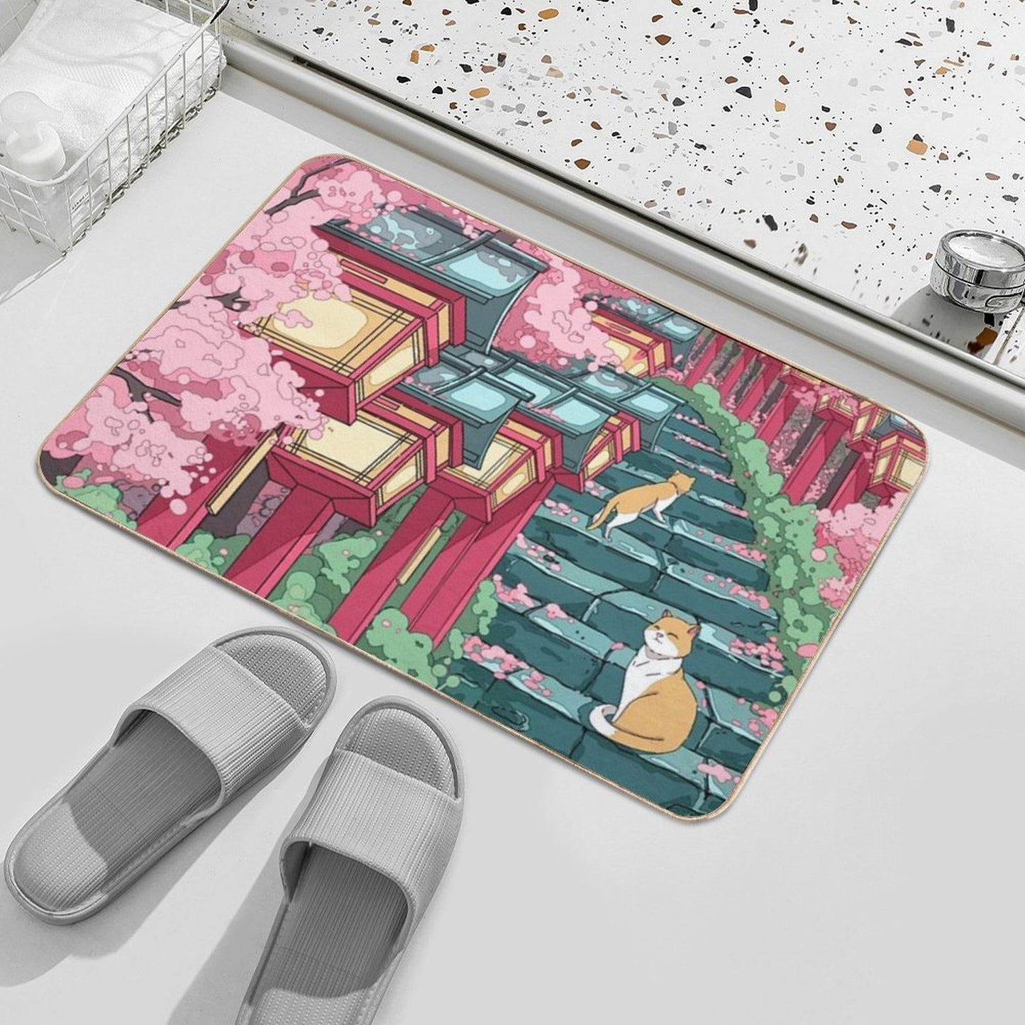 The Japanese Shrine, Cats And Pink Sakura Blossom Absorbent Bath Mat