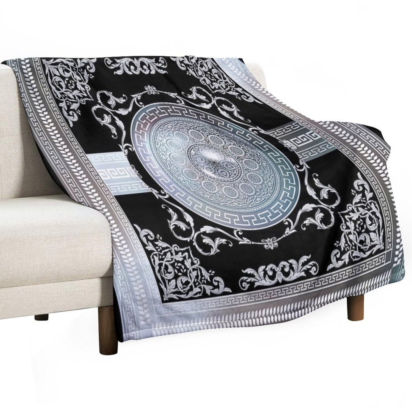 Ornate Baroque Metallic Blue Black Greek Meander All-season Throw Blanket