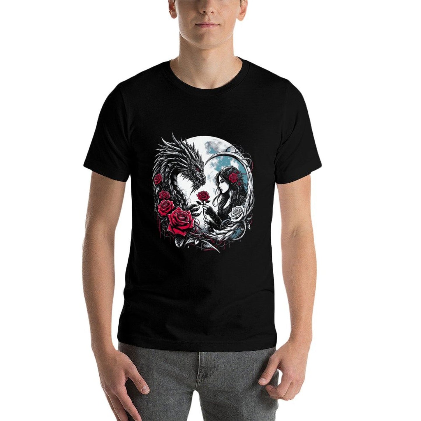 Gothic Dragon And Rose Full Moon Mystical Dark Fantasy Art Premium Fade-proof Color T-Shirt