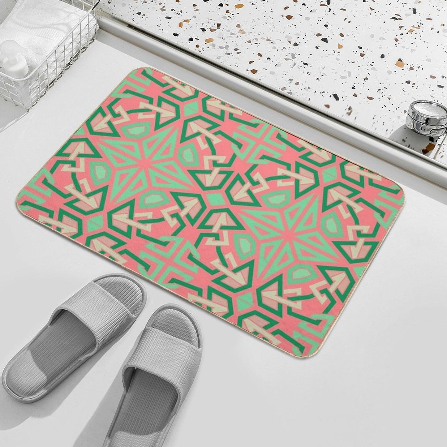 Four-Way Stars & Crossed Lines Ornament Fade-Resistant Bath Mat