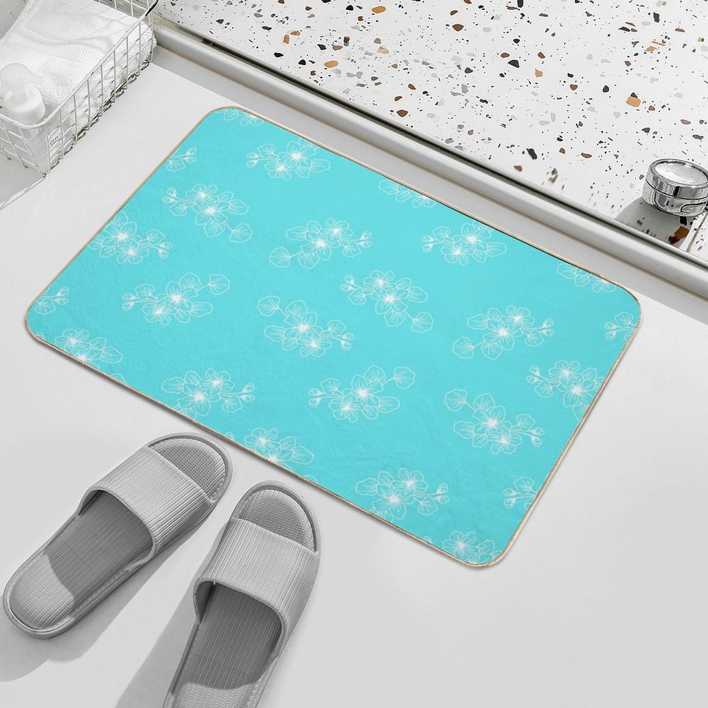 Cyan Blue Floral Petals AOP Stain-Proof Bath Mat