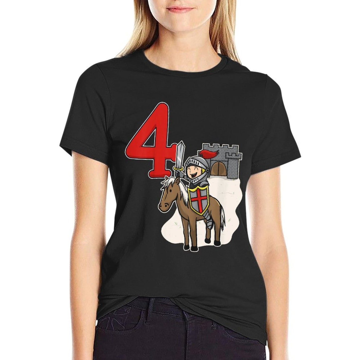 Kids Knight 4th Birthday - Castle And Number 4 Graphic-printed T-Shirt