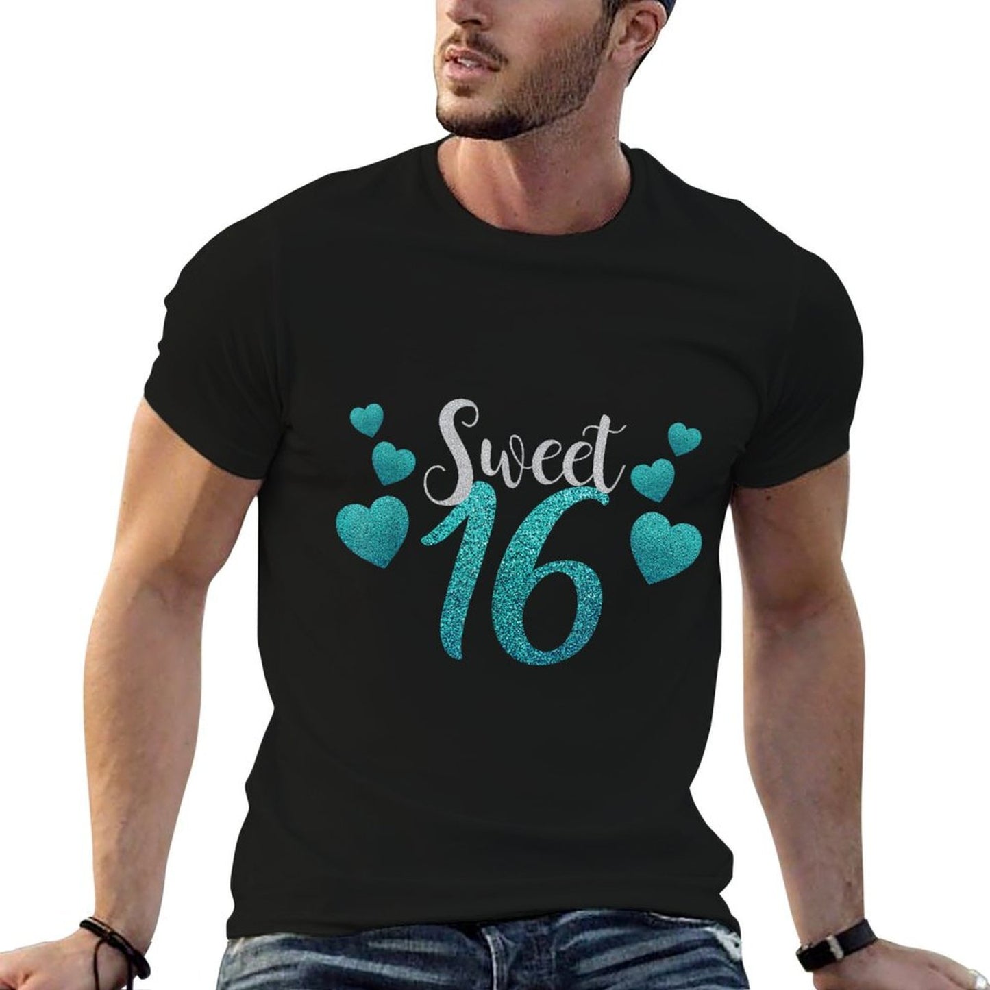 Sweet 16 With Blue Hearts Clothingn Girl Birthday Heathered Texture T-Shirt